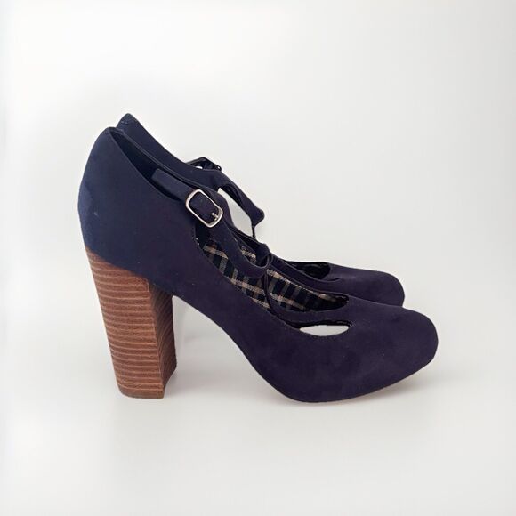 Crown Vintage T-strap Heels Testera-CV Navy Microsuede Size 8M 4" Block Heel - Picture 5 of 11